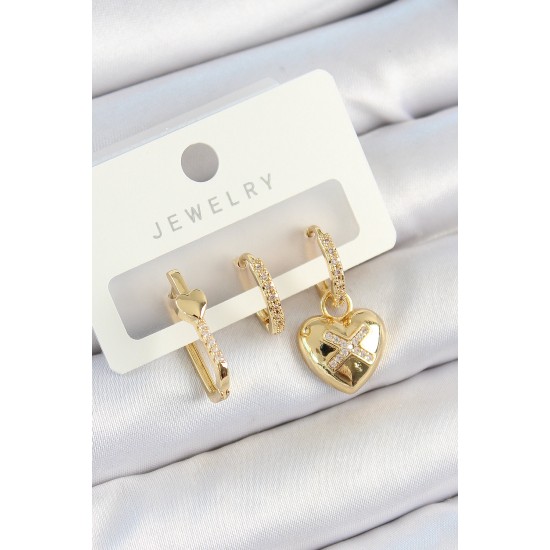 Pirinç Zirkon Taşlı Kalp Model Gold Renk 3'lü Çift Kadın Küpe Set - TJ-BKP10822