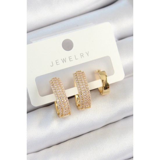Pirinç Zirkon Taşlı Damla Model Gold Renk 3'lü Çift Kadın Küpe Set - TJ-BKP10823