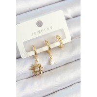 Pirinç Zirkon Taşlı Güneş Model Gold Renk 3'lü Çift Kadın Küpe Set TJ-BKP10824