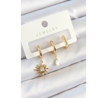Pirinç Zirkon Taşlı Güneş Model Gold Renk 3'lü Çift Kadın Küpe Set TJ-BKP10824