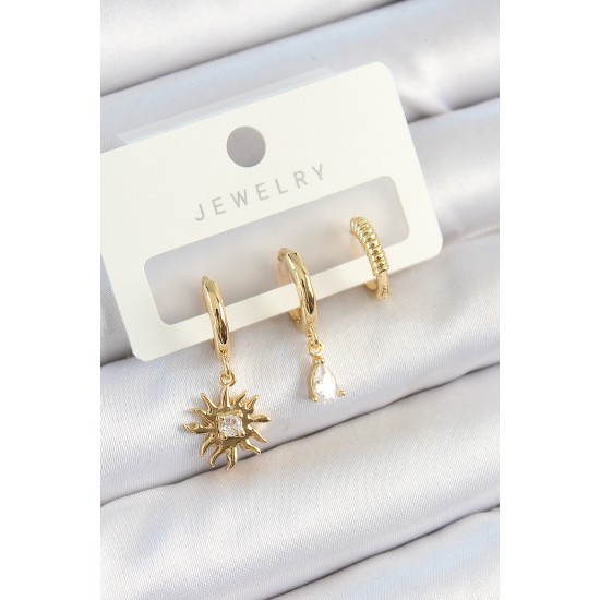 Pirinç Zirkon Taşlı Güneş Model Gold Renk 3'lü Çift Kadın Küpe Set - TJ-BKP10824
