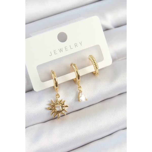 Pirinç Zirkon Taşlı Güneş Model Gold Renk 3'lü Çift Kadın Küpe Set - TJ-BKP10824