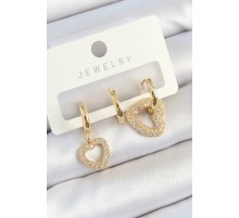Pirinç Zirkon Taşlı Kalp Model Gold Renk 3'lü Çift Kadın Küpe Set - TJ-BKP10825