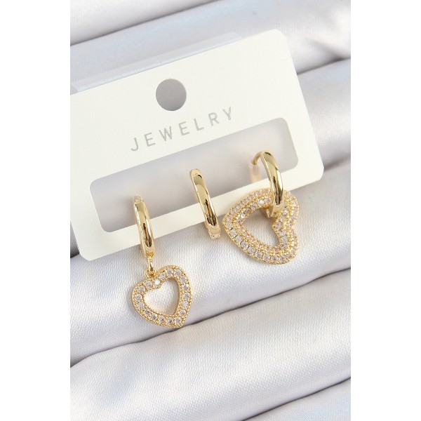 Pirinç Zirkon Taşlı Kalp Model Gold Renk 3'lü Çift Kadın Küpe Set - TJ-BKP10825