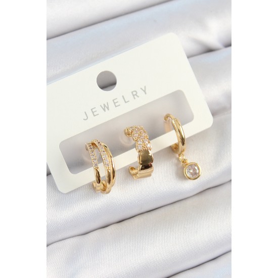 Pirinç Zirkon Taşlı Halka Model Gold Renk 3'lü Çift Kadın Küpe Set - TJ-BKP10826