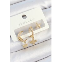 Pirinç Zirkon Taşlı Çiçek Ve Ay Model Gold Renk 3'lü Çift Kadın Küpe Set TJ-BKP10827