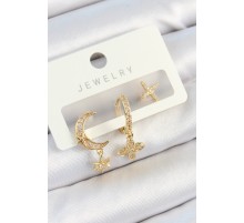 Pirinç Zirkon Taşlı Çiçek Ve Ay Model Gold Renk 3'lü Çift Kadın Küpe Set - TJ-BKP10827
