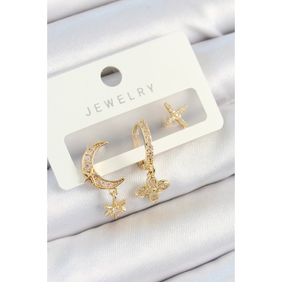 Pirinç Zirkon Taşlı Çiçek Ve Ay Model Gold Renk 3'lü Çift Kadın Küpe Set - TJ-BKP10827