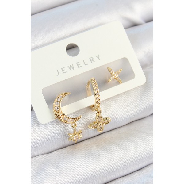 Pirinç Zirkon Taşlı Çiçek Ve Ay Model Gold Renk 3'lü Çift Kadın Küpe Set - TJ-BKP10827