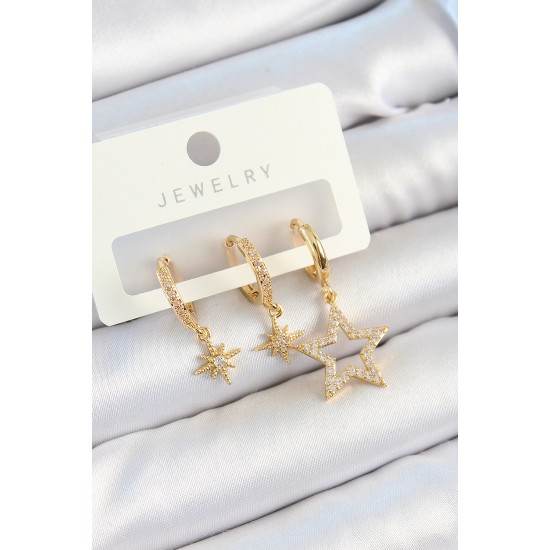 Pirinç Zirkon Taşlı Yıldız Model Gold Renk 3'lü Çift Kadın Küpe Set - TJ-BKP10828