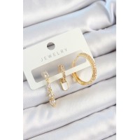 Pirinç Zirkon Taşlı Sallantılı Model Gold Renk 3'lü Çift Kadın Küpe Set TJ-BKP10829
