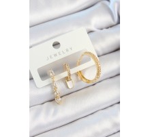 Pirinç Zirkon Taşlı Sallantılı Model Gold Renk 3'lü Çift Kadın Küpe Set - TJ-BKP10829
