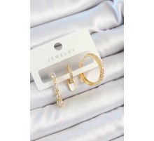 Pirinç Zirkon Taşlı Sallantılı Model Gold Renk 3'lü Çift Kadın Küpe Set - TJ-BKP10829