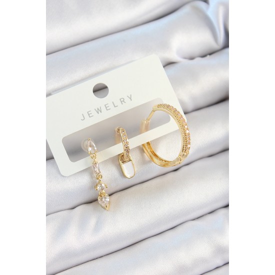 Pirinç Zirkon Taşlı Sallantılı Model Gold Renk 3'lü Çift Kadın Küpe Set - TJ-BKP10829