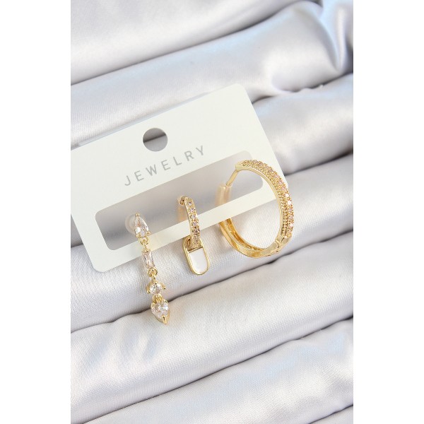 Pirinç Zirkon Taşlı Sallantılı Model Gold Renk 3'lü Çift Kadın Küpe Set - TJ-BKP10829