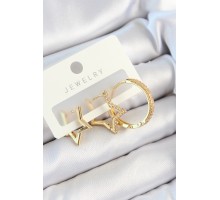 Pirinç Zirkon Taşlı Yıldız Ve Halka Model Gold Renk 3'lü Çift Kadın Küpe Set - TJ-BKP10830