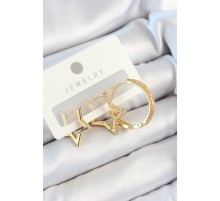 Pirinç Zirkon Taşlı Yıldız Ve Halka Model Gold Renk 3'lü Çift Kadın Küpe Set - TJ-BKP10830
