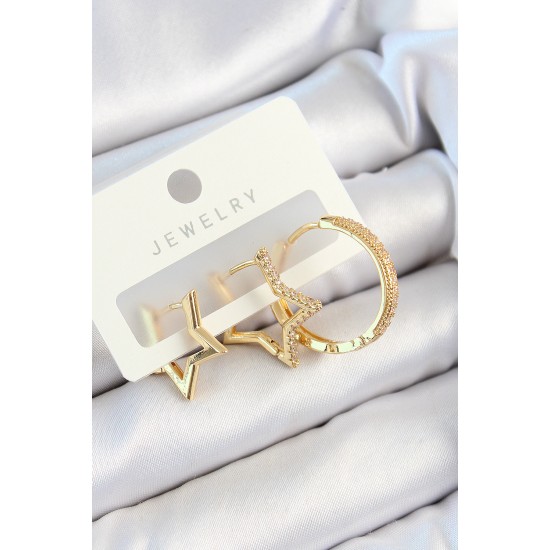 Pirinç Zirkon Taşlı Yıldız Ve Halka Model Gold Renk 3'lü Çift Kadın Küpe Set - TJ-BKP10830