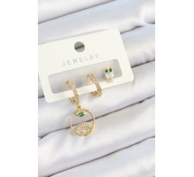 Pirinç Zirkon Taşlı Göz Ve Baykuş Model Gold Renk 3'lü Çift Kadın Küpe Set - TJ-BKP10831