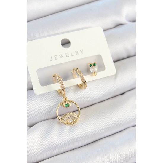 Pirinç Zirkon Taşlı Göz Ve Baykuş Model Gold Renk 3'lü Çift Kadın Küpe Set - TJ-BKP10831