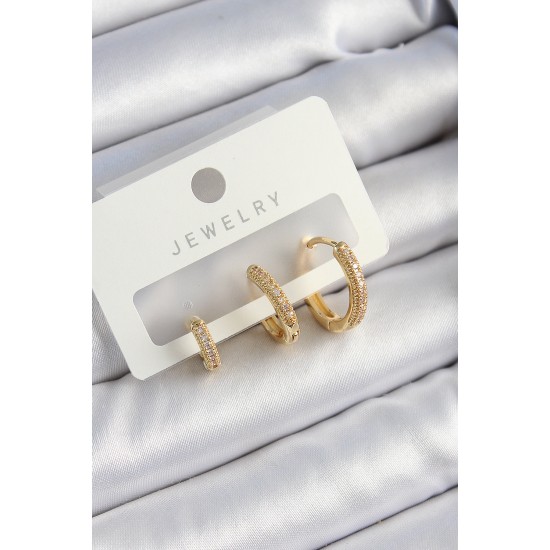 Pirinç Zirkon Taşlı Halka Model Gold Renk 3'lü Çift Kadın Küpe Set - TJ-BKP10832