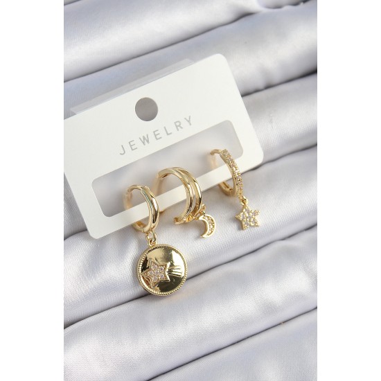 Pirinç Zirkon Taşlı Yıldız Ve Ay Model Gold Renk 3'lü Çift Kadın Küpe Set - TJ-BKP10833