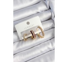 Pirinç Zirkon Taşlı Bordo Halka Model Gold Renk 3'lü Çift Kadın Küpe Set - TJ-BKP10834