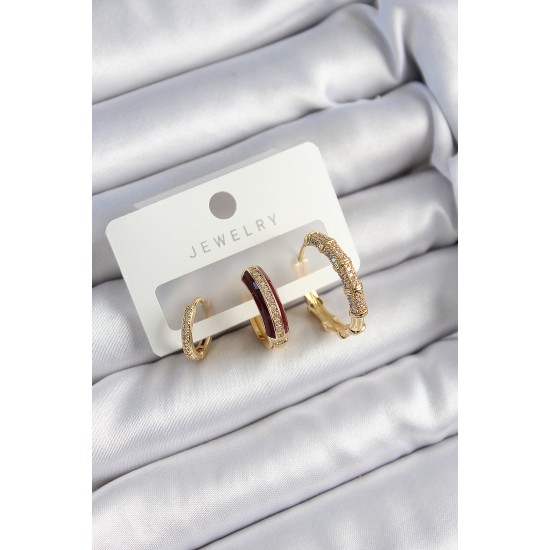 Pirinç Zirkon Taşlı Bordo Halka Model Gold Renk 3'lü Çift Kadın Küpe Set - TJ-BKP10834