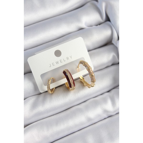 Pirinç Zirkon Taşlı Bordo Halka Model Gold Renk 3'lü Çift Kadın Küpe Set - TJ-BKP10834
