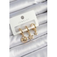 Pirinç Zirkon Taşlı Yıldız Model Gold Renk 3'lü Çift Kadın Küpe Set TJ-BKP10835
