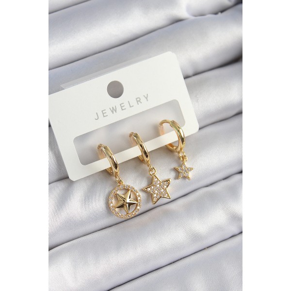 Pirinç Zirkon Taşlı Yıldız Model Gold Renk 3'lü Çift Kadın Küpe Set - TJ-BKP10835