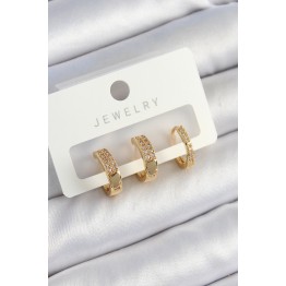 Pirinç Zirkon Taşlı Halka Model Gold Renk 3'lü Çift Kadın Küpe Set TJ-BKP10838
