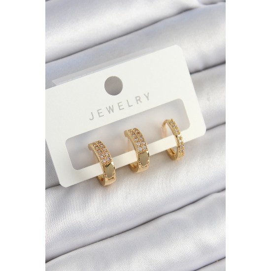 Pirinç Zirkon Taşlı Halka Model Gold Renk 3'lü Çift Kadın Küpe Set - TJ-BKP10838