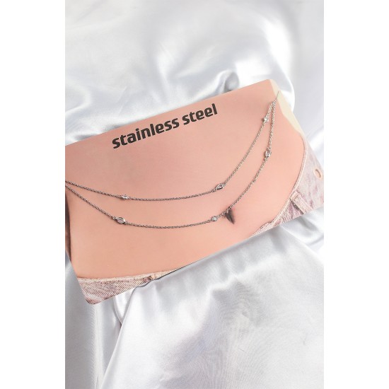 316L Çelik Zirkon Taşlı Damla Model Gümüş Renk Göbek Zinciri - TJ-BKGZ10341