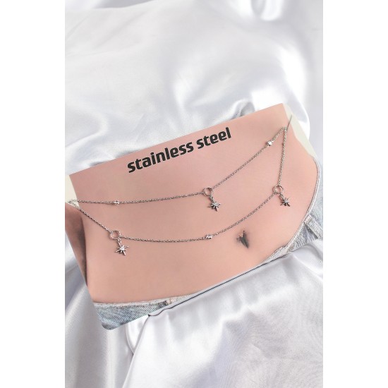 316L Çelik Zirkon Taşlı Kutup Yıldızı Model Gümüş Renk Göbek Zinciri - TJ-BKGZ10343