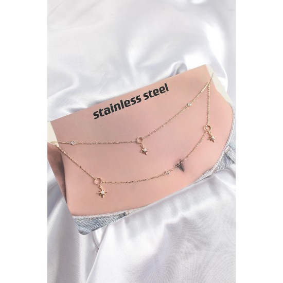 316L Çelik Zirkon Taşlı Kutup Yıldızı Model Gold Renk Göbek Zinciri - TJ-BKGZ10344