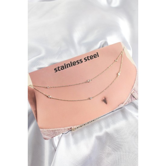 316L Çelik Zirkon Taşlı Damla Model Gold Renk Göbek Zinciri - TJ-BKGZ10342