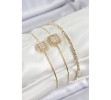 Pirinç Zirkon Taşlı Baget Model Gold Renk Vip 3'lü Kadın Bileklik - TJ-BB7334