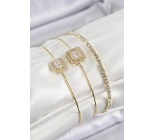 Pirinç Zirkon Taşlı Baget Model Gold Renk Vip 3'lü Kadın Bileklik - TJ-BB7334