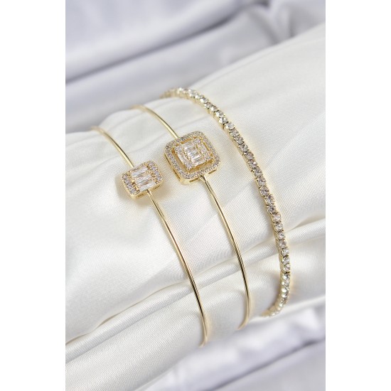Pirinç Zirkon Taşlı Baget Model Gold Renk Vip 3'lü Kadın Bileklik - TJ-BB7334