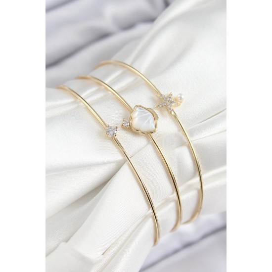 Pirinç Zirkon Taşlı İstiridye Ve Deniz Yıldızı Model Gold Renk Vip 3'lü Kadın Bileklik - TJ-BB7335