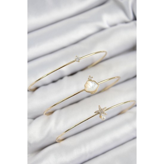 Pirinç Zirkon Taşlı İstiridye Ve Deniz Yıldızı Model Gold Renk Vip 3'lü Kadın Bileklik - TJ-BB7335