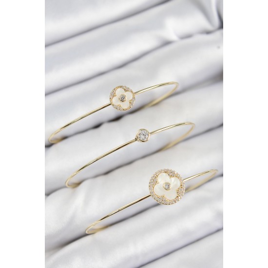 Pirinç Zirkon Taşlı Yonca Model Gold Renk Vip 3'lü Kadın Bileklik - TJ-BB7336