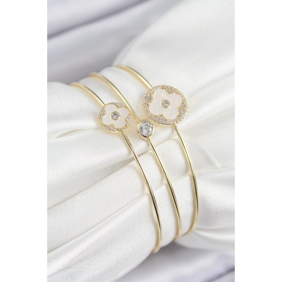 Pirinç Zirkon Taşlı Yonca Model Gold Renk Vip 3'lü Kadın Bileklik - TJ-BB7336