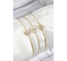 Pirinç Zirkon Taşlı Ay Ve Kutup Yıldızı Model Gold Renk Vip 3'lü Kadın Bileklik - TJ-BB7337