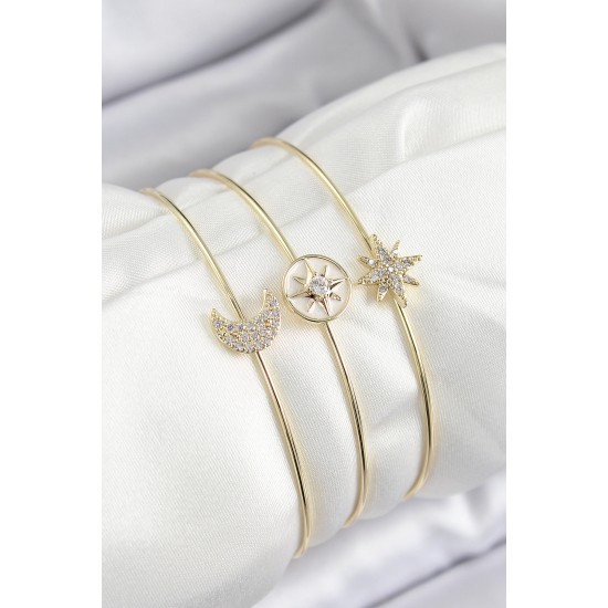 Pirinç Zirkon Taşlı Ay Ve Kutup Yıldızı Model Gold Renk Vip 3'lü Kadın Bileklik - TJ-BB7337