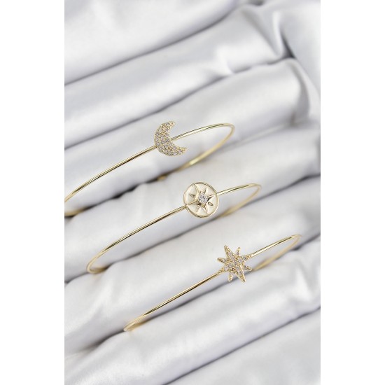 Pirinç Zirkon Taşlı Ay Ve Kutup Yıldızı Model Gold Renk Vip 3'lü Kadın Bileklik - TJ-BB7337