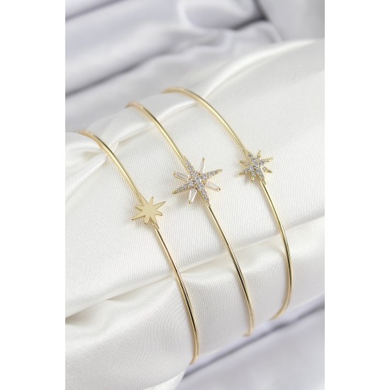Pirinç Zirkon Taşlı Kutup Yıldızı Model Gold Renk Vip 3'lü Kadın Bileklik - TJ-BB7338