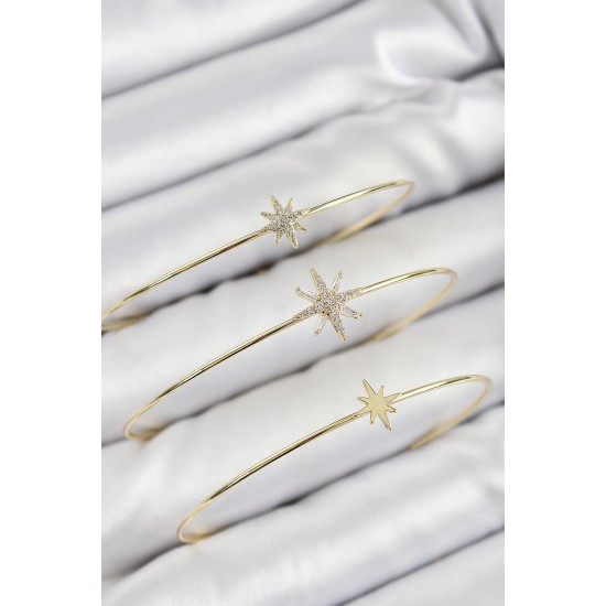 Pirinç Zirkon Taşlı Kutup Yıldızı Model Gold Renk Vip 3'lü Kadın Bileklik - TJ-BB7338