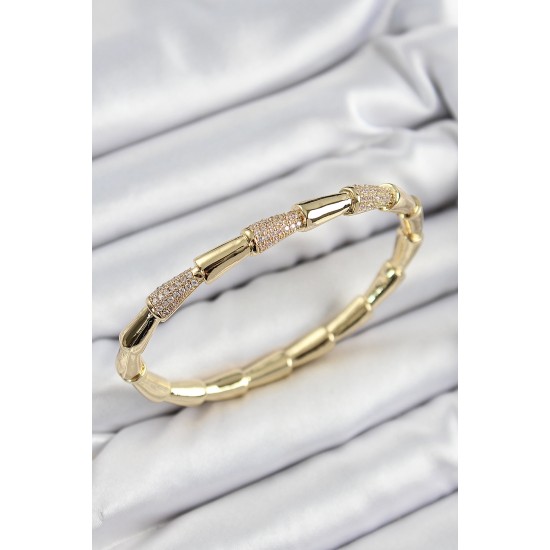 Pirinç Zirkon Taşlı Kemik Model Gold Renk Vip Kadın Bileklik - TJ-BB7341